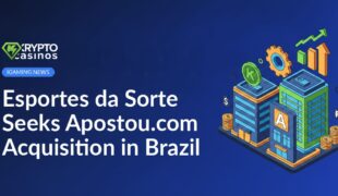 Two businesspeople shaking hands over a table with laptops and Brazilian flag on a digital screen behind them.