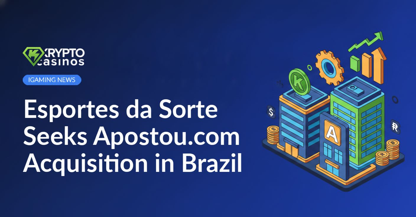 Two businesspeople shaking hands over a table with laptops and Brazilian flag on a digital screen behind them.