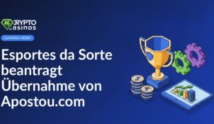 Logo von Esportes da Sorte neben dem Logo von Apostou.com auf blauem Hintergrund mit weißen Akzenten