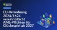 EU-Flagge vor blauem Hintergrund, davor Symbole für Glücksspiel, Gesetzesdokument und Euro-Münzen sichtbar.