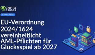 EU-Flagge vor blauem Hintergrund, davor Symbole für Glücksspiel, Gesetzesdokument und Euro-Münzen sichtbar.