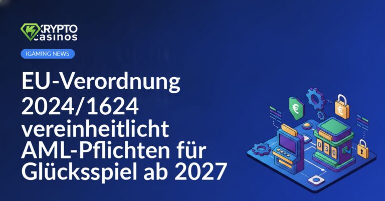 EU-Flagge vor blauem Hintergrund, davor Symbole für Glücksspiel, Gesetzesdokument und Euro-Münzen sichtbar.