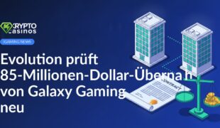 Zwei Büros verbunden durch gepunktete Linie, großer Vertragsdokument, gekippte Waage mit Goldmünzen im Vordergrund.