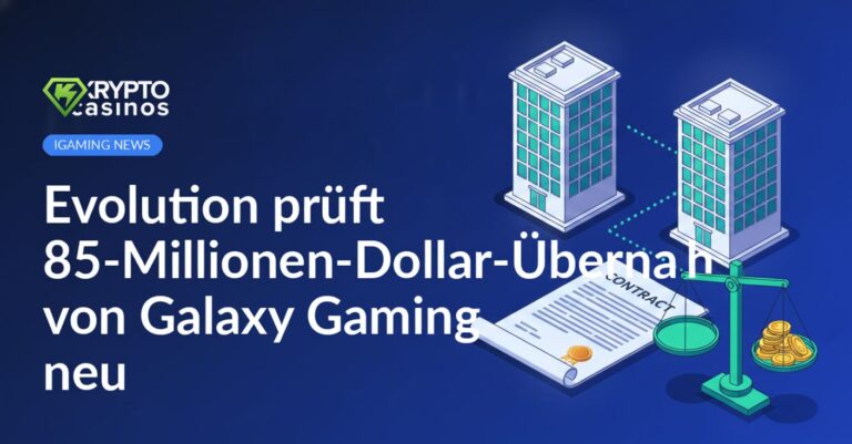 Zwei Büros verbunden durch gepunktete Linie, großer Vertragsdokument, gekippte Waage mit Goldmünzen im Vordergrund.