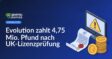 Stapel Pfundmünzen neben versiegeltem Vertrag und Computermonitor mit Warnsymbol auf blauem Hintergrund