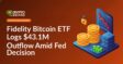Fidelity Bitcoin ETF logo atop a digital stock chart with red downward arrows indicating financial outflow.