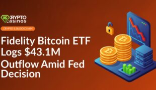 Fidelity Bitcoin ETF logo atop a digital stock chart with red downward arrows indicating financial outflow.