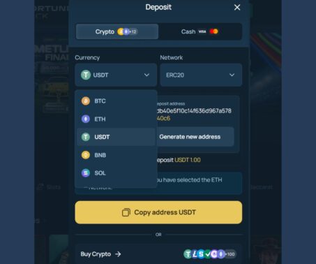 screenshot showing the available coins at FortuneJack casino