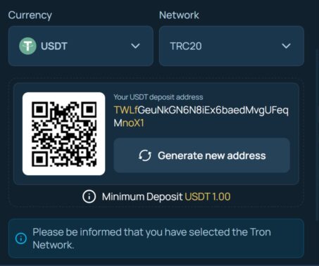 screenshot showing USDT deposit address and minimum deposit for USDT at FortuneJack casino