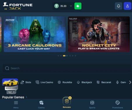 screenshot showing the FortuneJack lobby with the balance displayed at the top