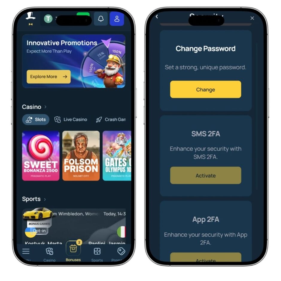 mobile screenshot showing security features and casino lobby at FortuneJack casino