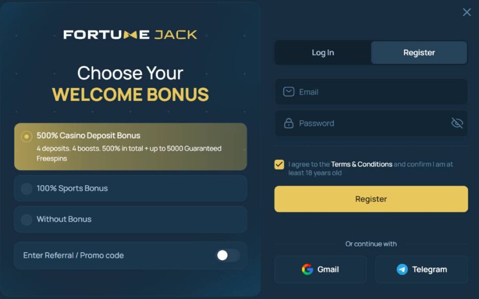 screenshot showing the registration window at FortuneJack casino