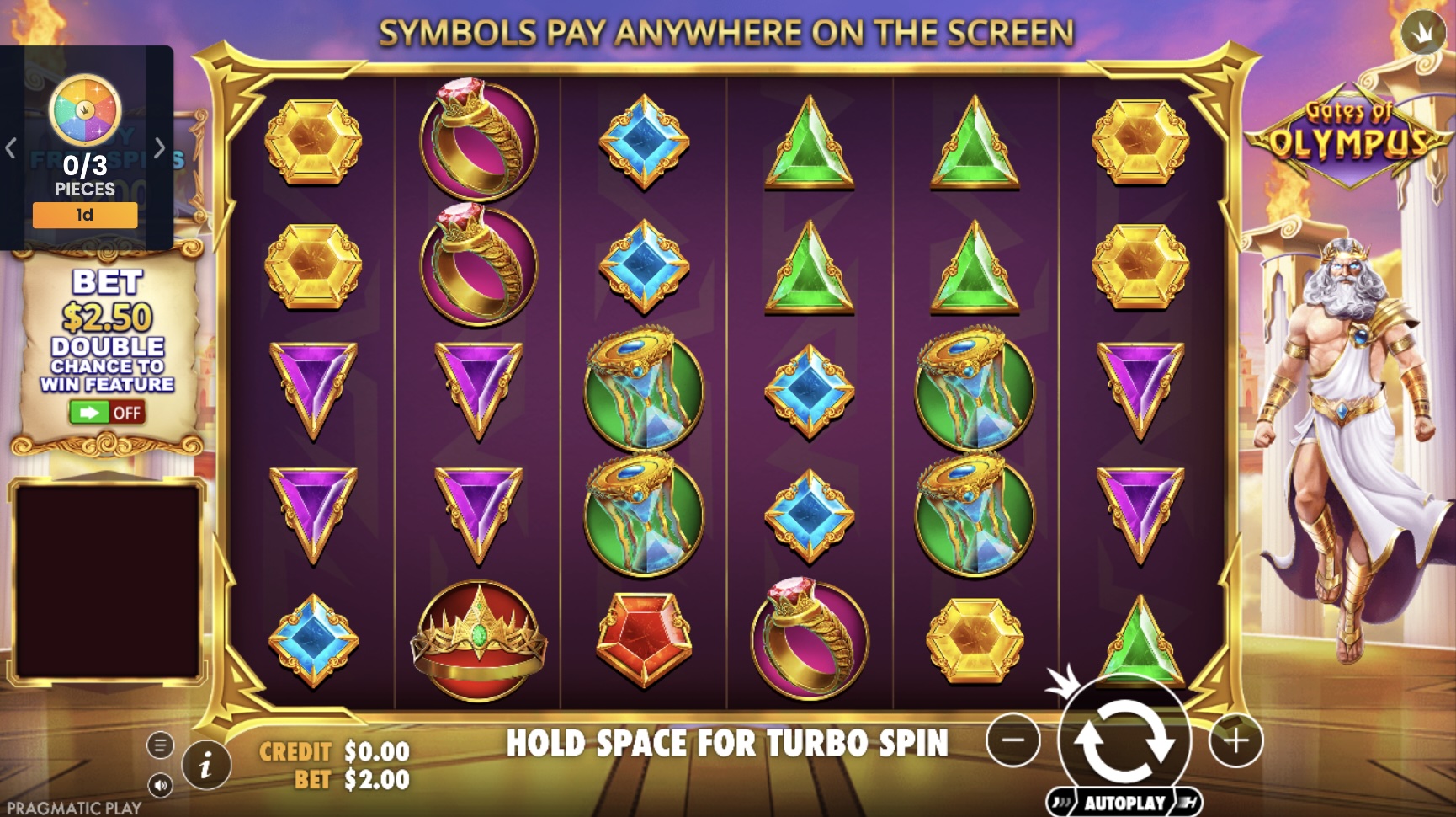 gates of olympus slot with colourful gemstone symbols, crowns, rings and Zeus beside the reels