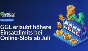 Spielautomat mit leuchtenden Walzen und Münzen vor dunklem Hintergrund, darüber Text "Einsatzlimits ab Juli erhöht"