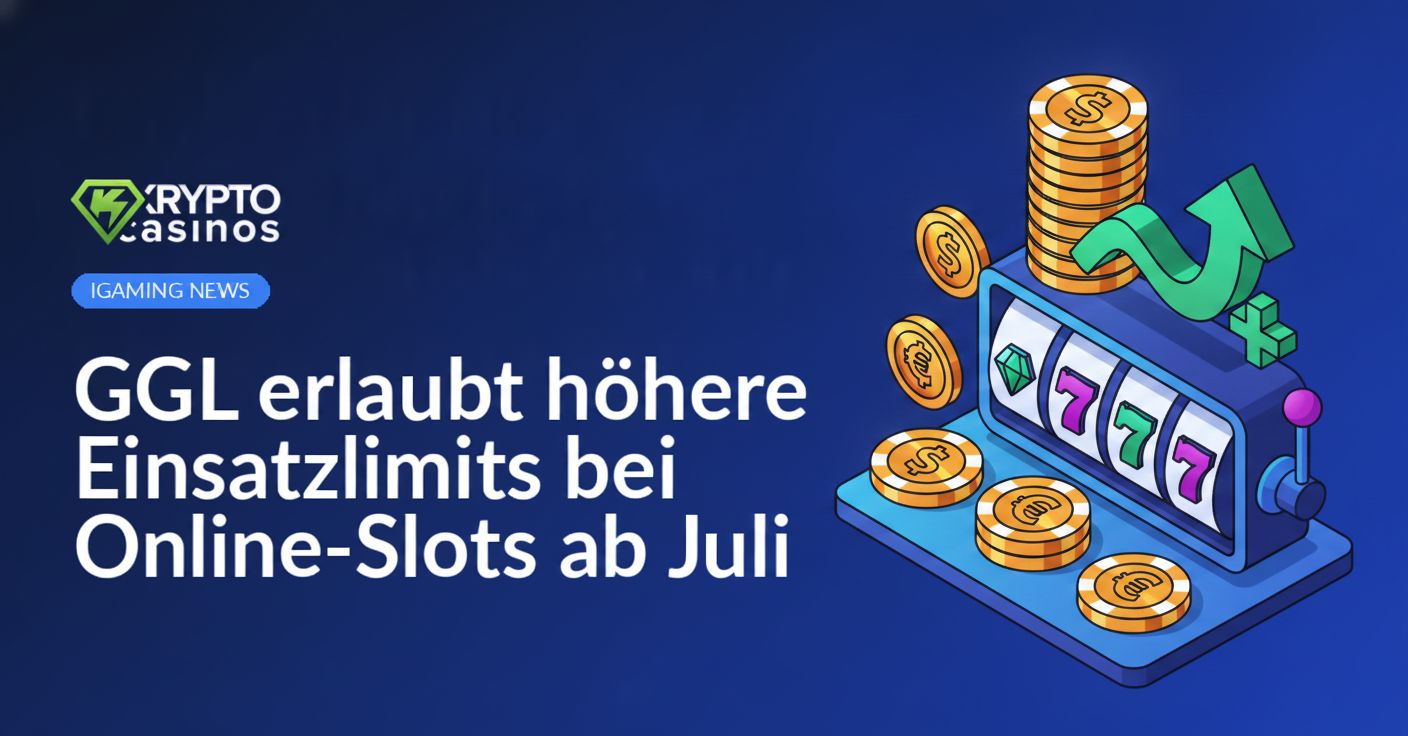 Spielautomat mit leuchtenden Walzen und Münzen vor dunklem Hintergrund, darüber Text "Einsatzlimits ab Juli erhöht"