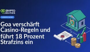 Regierungsgebäude mit Schild, Dokument mit aufwärts zeigendem Pfeil und Siegel, Münzen vor steigendem Balkendiagramm.