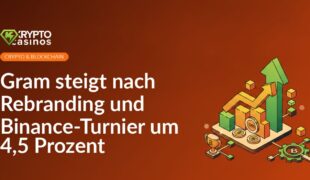 Logo von Gram in der Mitte, umgeben von Binance-Symbolen und Pfeilen, die eine 4,5% Steigerung anzeigen