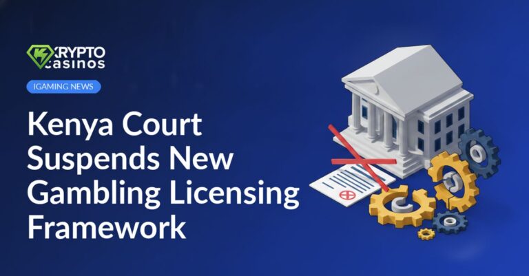 Courthouse building behind an official document with a red barrier symbol and a broken gear mechanism illustration.