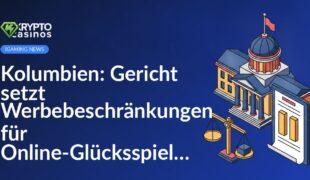 Regierungsgebäude mit kolumbianischer Flagge, juristisches Dokument mit Pause-Symbol und schiefe Waage auf blauem Hintergrund