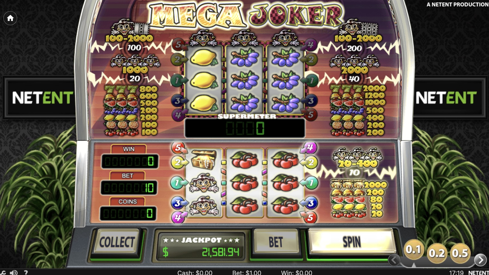 mega joker slot with classic fruit symbols, cherries, lemons and joker icons on dual reels