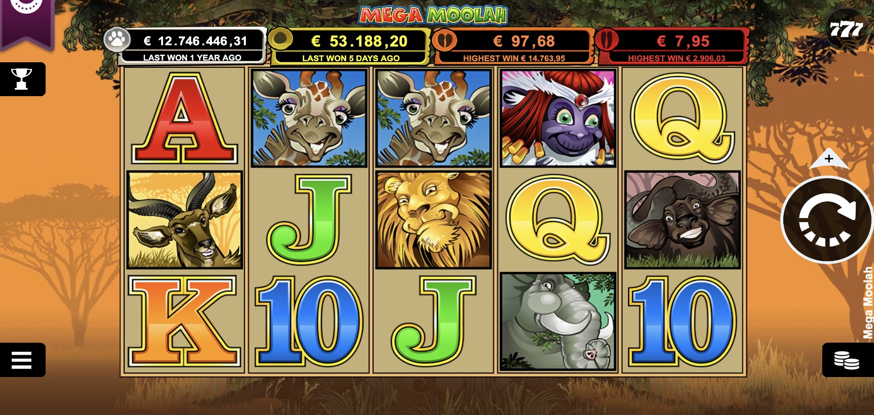 mega moolah slot with safari animal symbols, jackpot totals and spin controls