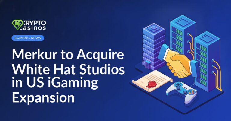 Office towers with handshake icon, stamped contract, server racks, and game controller on a blue background.