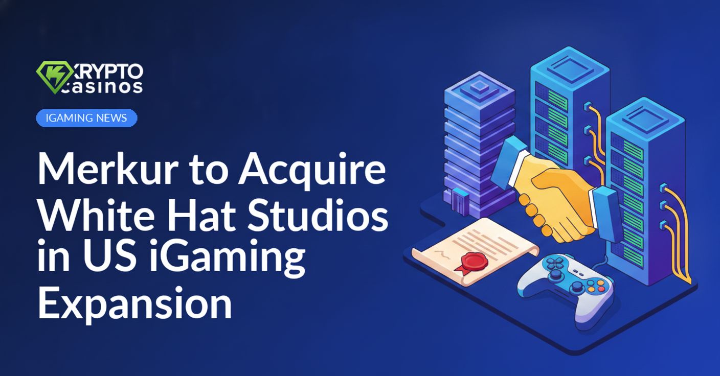 Office towers with handshake icon, stamped contract, server racks, and game controller on a blue background.