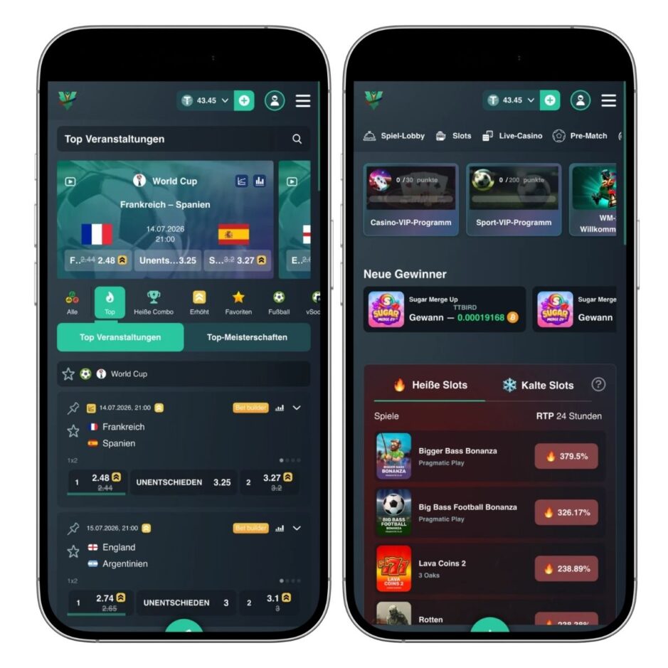 Mobile Ansicht Vave Casino DE - Links die Sportwetten Ansicht und rechts die Spiellobby des Casinos