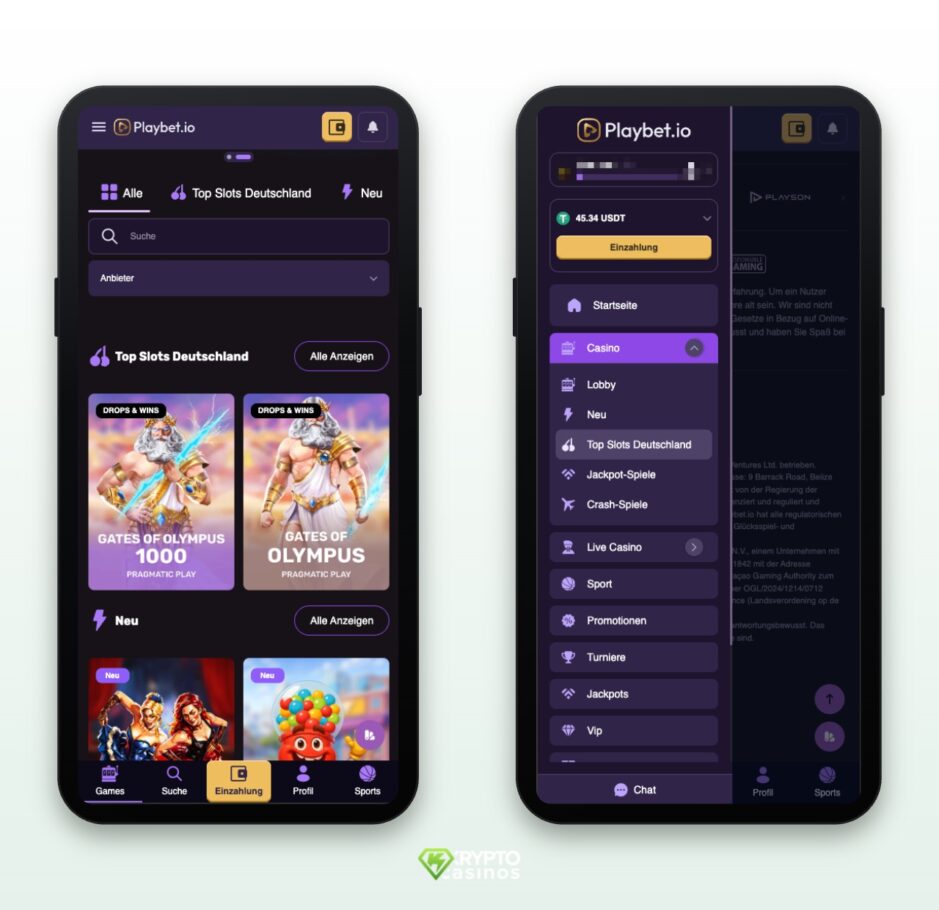 Das Bild zeigt die mobile version von Playbet.io. Links sieht man die Spiellobby und rechts das Hauptmenü