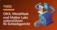 Gerichtshaus mit Mikrochip-Emblem, robotische Arme über Vertrag, Schaltkreisschild mit Waage im Hintergrund.
