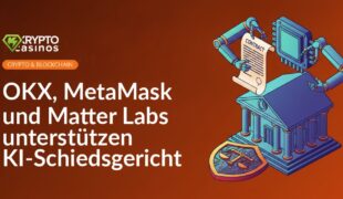 Gerichtshaus mit Mikrochip-Emblem, robotische Arme über Vertrag, Schaltkreisschild mit Waage im Hintergrund.