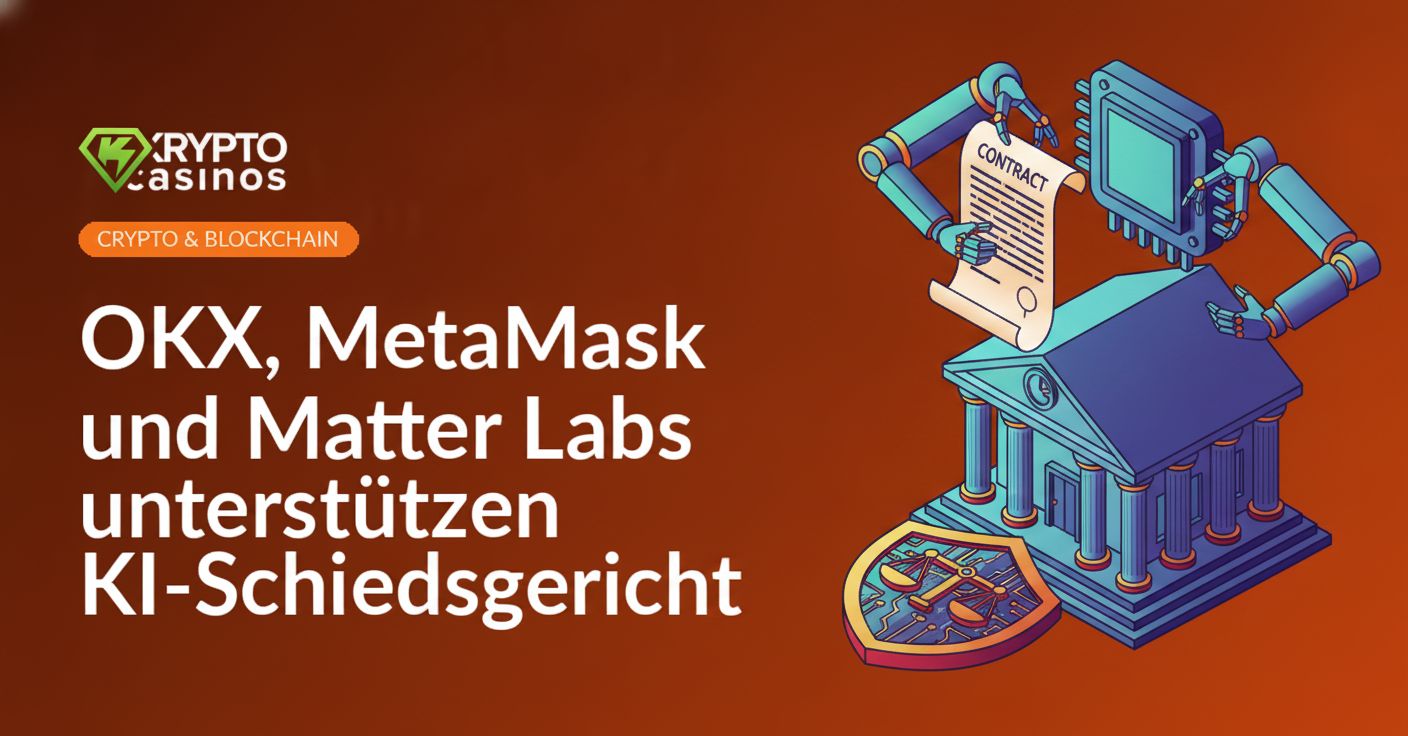 Gerichtshaus mit Mikrochip-Emblem, robotische Arme über Vertrag, Schaltkreisschild mit Waage im Hintergrund.