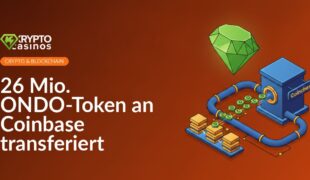 Digitale Blockchain-Visualisierung mit leuchtenden ONDO-Token-Symbolen und Coinbase-Logo vor dunklem Hintergrund.