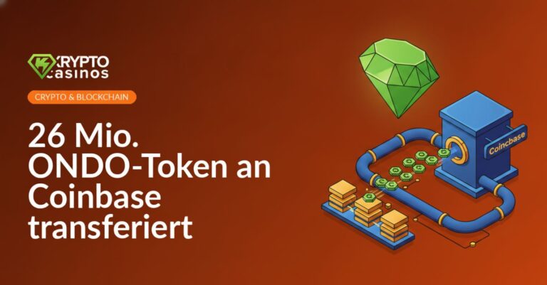 Digitale Blockchain-Visualisierung mit leuchtenden ONDO-Token-Symbolen und Coinbase-Logo vor dunklem Hintergrund.