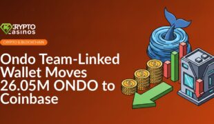Coins on an arrow pointing to a modern exchange building, a split green/red bar chart, and a whale tail over a coin pile.