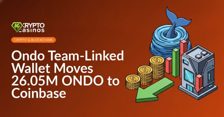 Coins on an arrow pointing to a modern exchange building, a split green/red bar chart, and a whale tail over a coin pile.