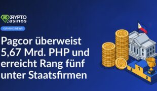 Regierungsgebäude mit Flagge, hohe Münzstapel in Peso, dreistufiges Siegerpodest mit goldenem Pokal.