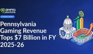 Capitol building with shield, rising dollar bar chart, smartphone displaying stadium and upward arrow on blue background
