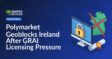 Desktop monitor displaying a padlock icon, map of Ireland blocked by a red barrier, and a sealed license document nearby.