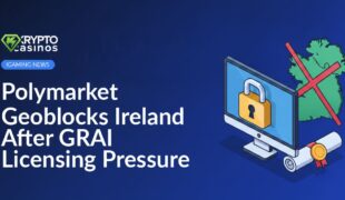 Desktop monitor displaying a padlock icon, map of Ireland blocked by a red barrier, and a sealed license document nearby.