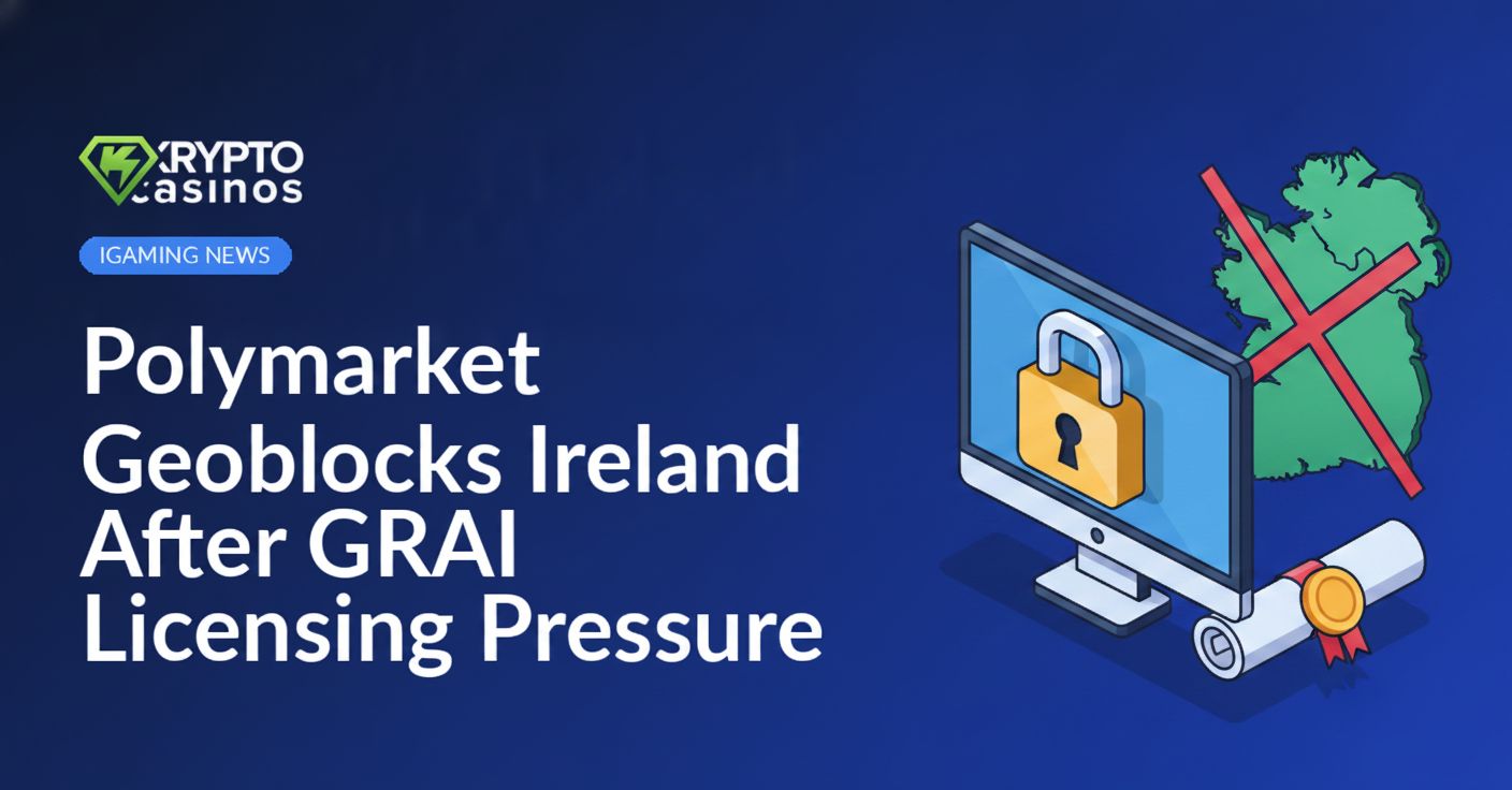 Desktop monitor displaying a padlock icon, map of Ireland blocked by a red barrier, and a sealed license document nearby.