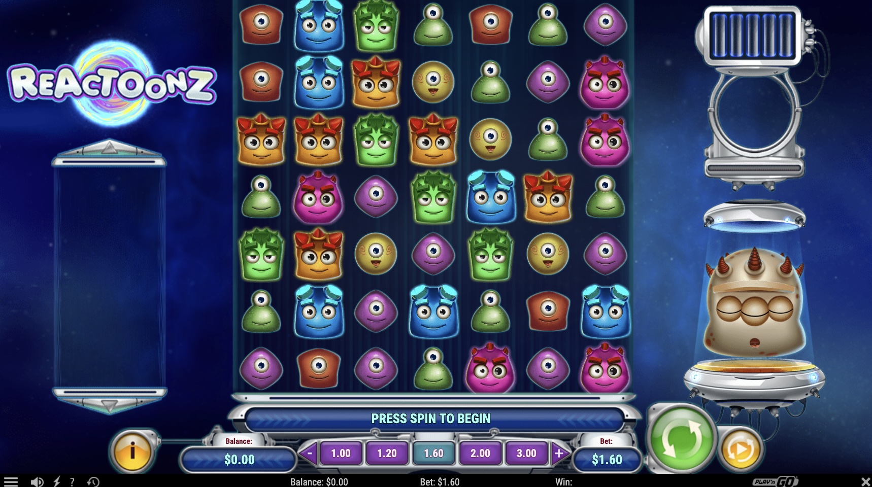 reactoonz slot with colourful alien symbols, cluster reels and spin controls