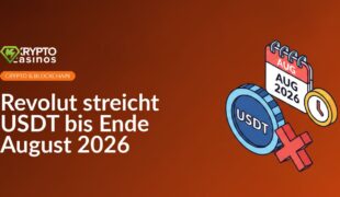 Smartphone mit Revolut-App öffnet, daneben USDT-Logo auf dunkelblauem Hintergrund, Kalenderblatt August 2026 sichtbar