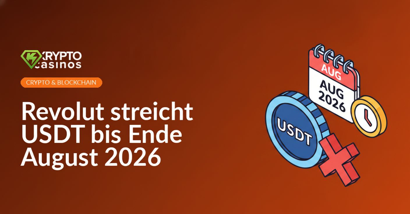 Smartphone mit Revolut-App öffnet, daneben USDT-Logo auf dunkelblauem Hintergrund, Kalenderblatt August 2026 sichtbar