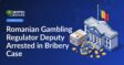 Government building with Romanian flag, stamped document stack, broken shield, and scattered coins on dark background.