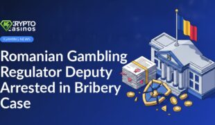 Government building with Romanian flag, stamped document stack, broken shield, and scattered coins on dark background.
