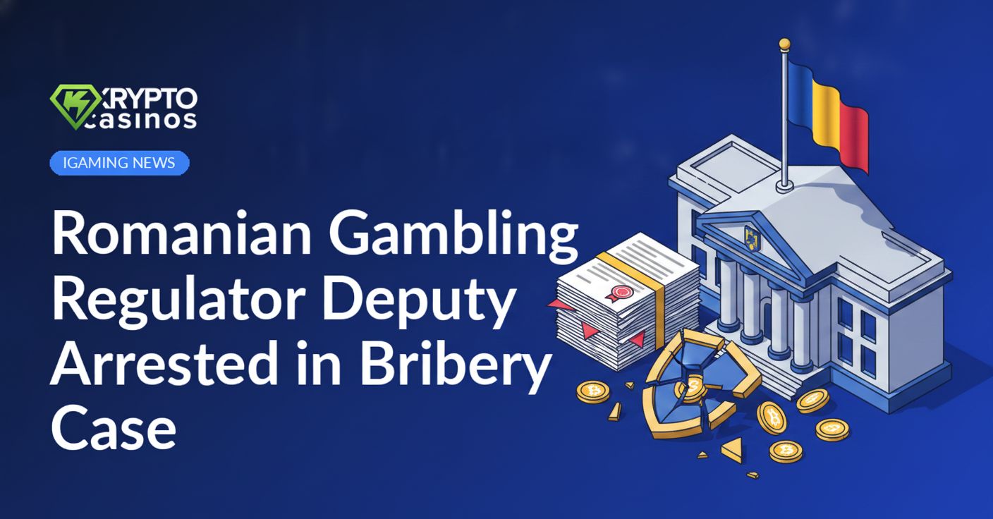 Government building with Romanian flag, stamped document stack, broken shield, and scattered coins on dark background.