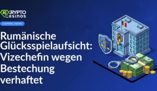 Regierungsgebäude mit rumänischer Flagge, Justizwaage auf Schild und Handschellen auf Geldscheinen stapelnd