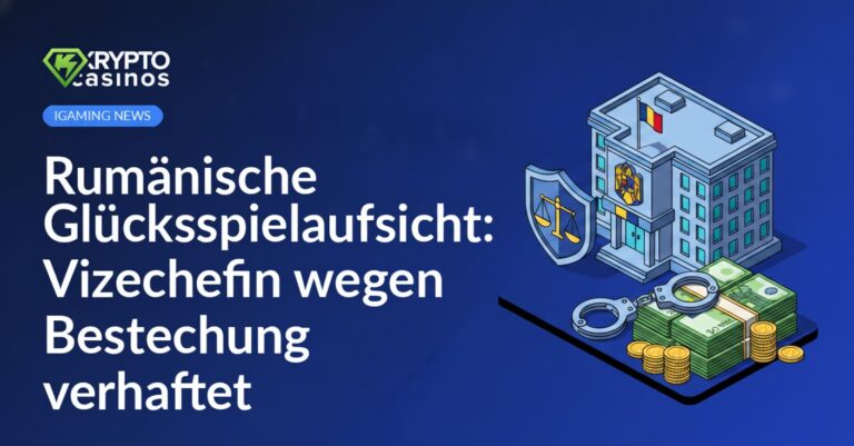 Regierungsgebäude mit rumänischer Flagge, Justizwaage auf Schild und Handschellen auf Geldscheinen stapelnd