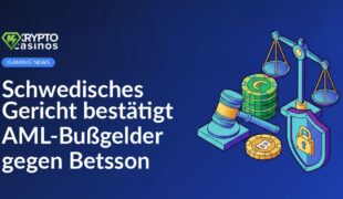 Schwedisches Gericht mit Richterhammer auf Holzpodest vor Betsson-Logo auf blauem Hintergrund.